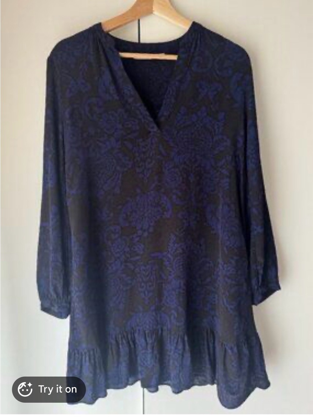 Zara Black and Navy Floral V-Neck Long Sleeve Tunic Dress
